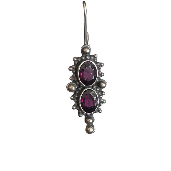 Vintage Sterling Silver Garnet Dangle Earrings Boho Ethnic Style Handcrafted - Picture 2 of 6